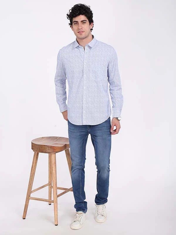 Indian Terrain Men's Regular Fit Full Sleeve Tropical Print Blue Shirt